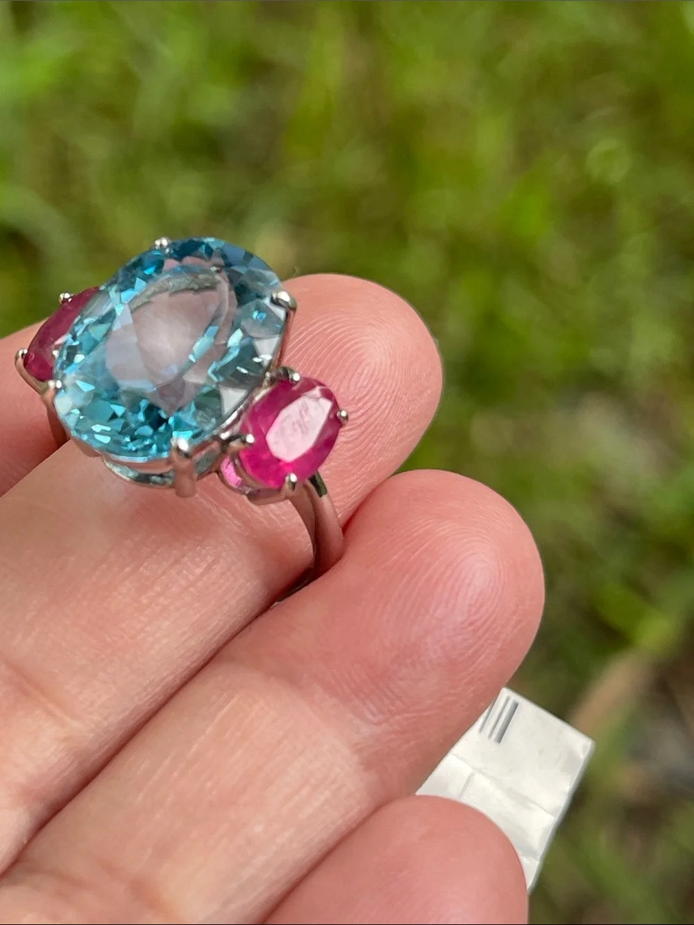 Large Natural Blue Topaz 15x11mm & Ruby Ring in 925 Sterling Silver Size 7